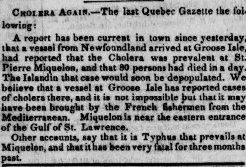 1838 – Le cholera aux îles Saint-Pierre et Miquelon ?