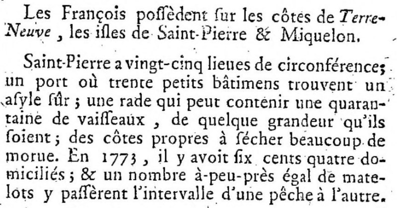 1784 – 1788 – Les isles de Saint-Pierre & Miquelon. Encyclopédie méthodique. Économie politique et diplomatique.