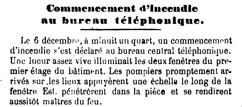 1902 – Commencement d’incendie au bureau téléphonique