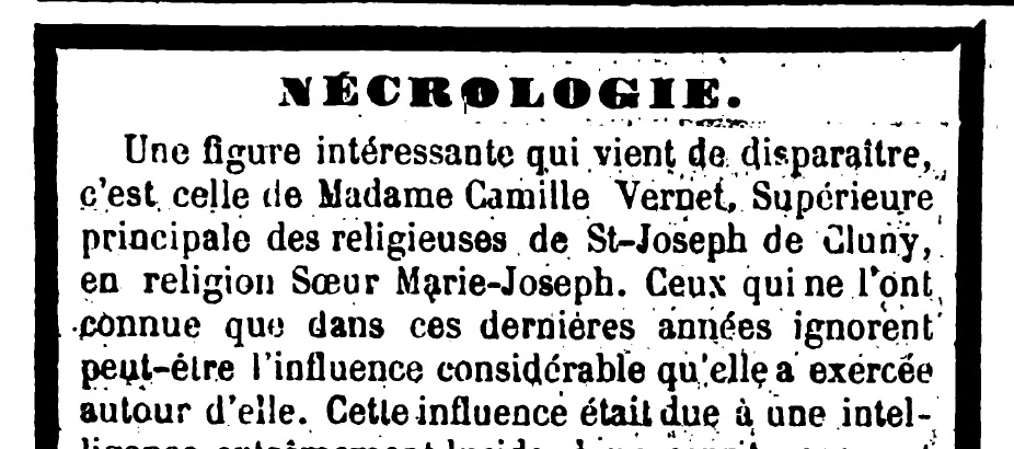 1891 – Disparition de Mme Camille Vernet, Sœur Marie-Joseph.