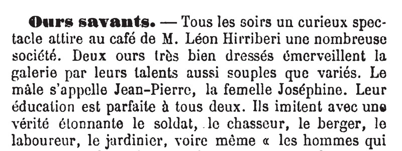 1889 – Les ours « savants » chez Léon Hirriberi