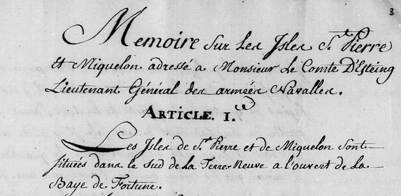 1764 – Mémoire sur les Iles St Pierre et Miquelon adressé M Le Cte D’Estaing.
