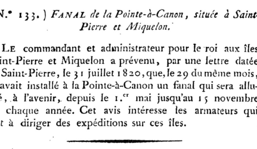 1820 – Annales maritimes et coloniales: FANAL de la Pointe à Canon